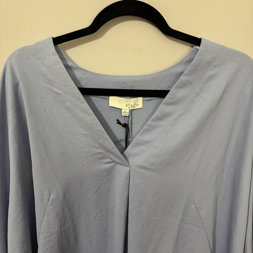 Pinch Blue Tie Bow Sleeve Relaxed Blouse V Neck - Picture 3 of 9